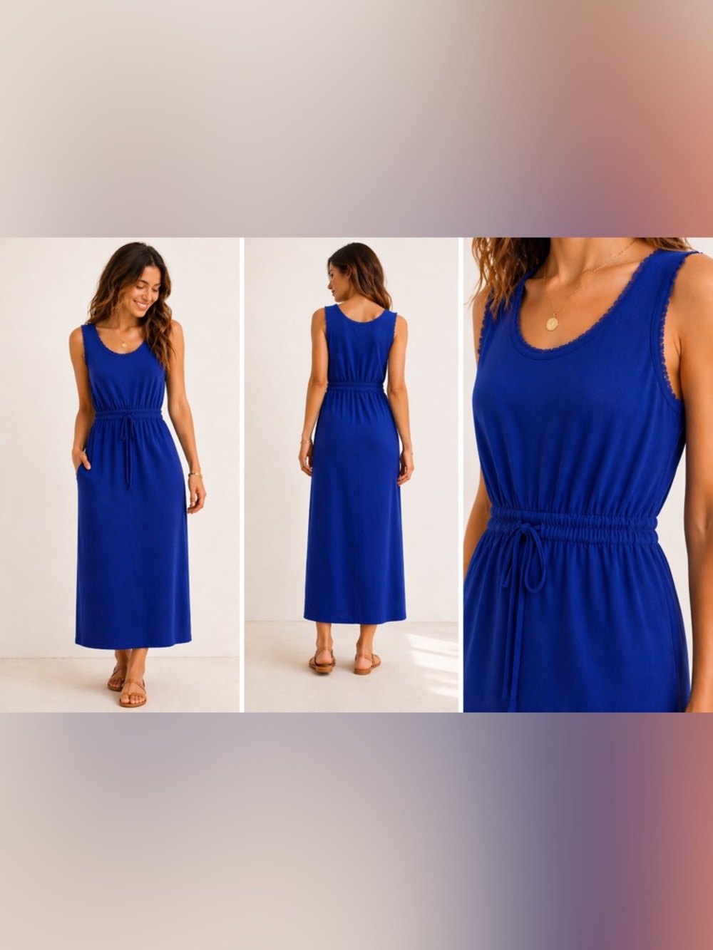 NWT Easel Blue Midi Dress Raw Edge Tank Waist Tie Pockets Small